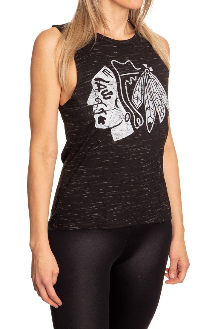 Ladies NHL Team Logo Crew Neck Space Dyed Sleeveless Tank Top Shirt- Chicago Blackhawks Full Side View 