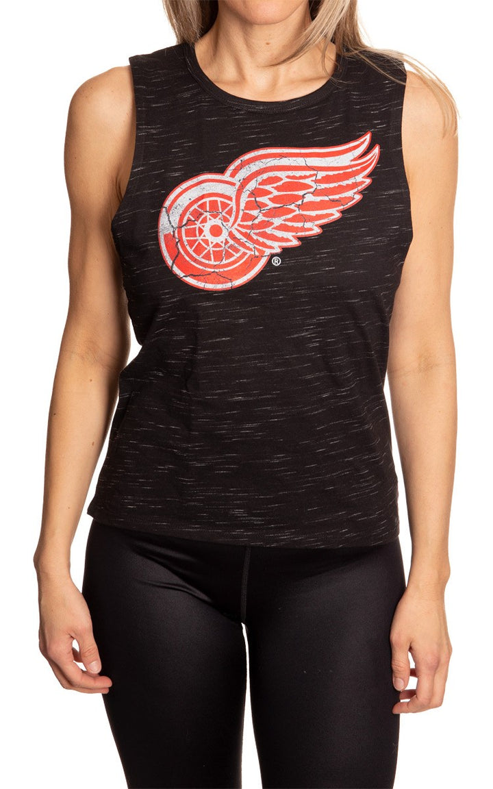 Ladies NHL Team Logo Crew Neck Space Dyed Sleeveless Tank Top Shirt- Detroit Red Wings Full Length Front View Photo WIth Logo