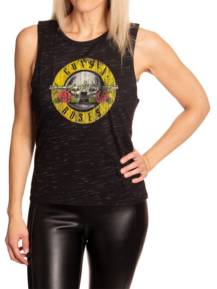 Ladies Guns N' Roses Circle Logo Crew Neck Space Dyed Cotton Sleeveless T-Shirt Full Front View Woman Wearing Shirt With Leather Pants