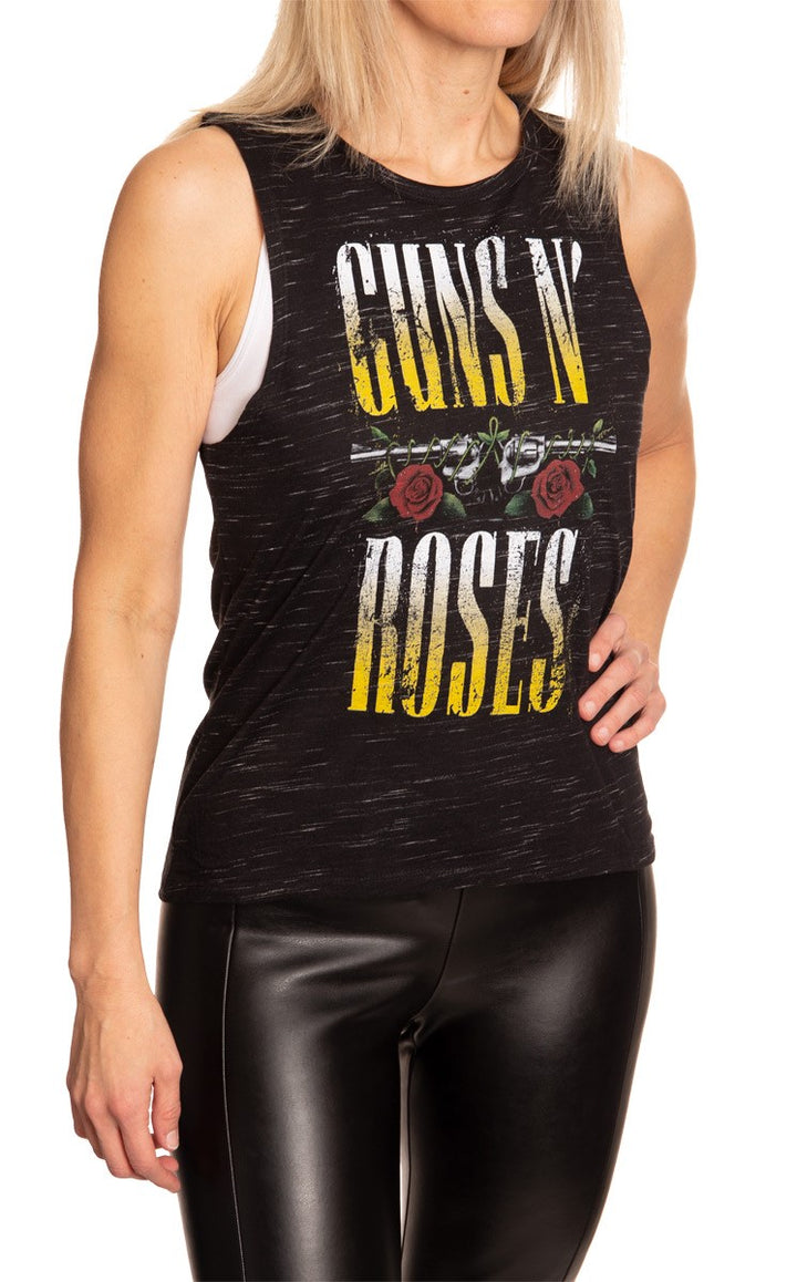 Ladies Guns N Roses Distressed Logo Crew Neck Space Dyed Cotton Sleeveless T-Shirt Side View With Woman Wearing Leather Pants