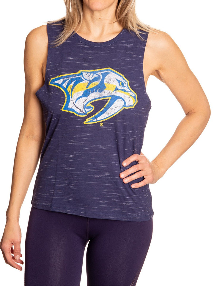Ladies NHL Team Logo Crew Neck Space Dyed Sleeveless Tank Top Shirt- Nashville Predators Full Length Front Photo With Logo