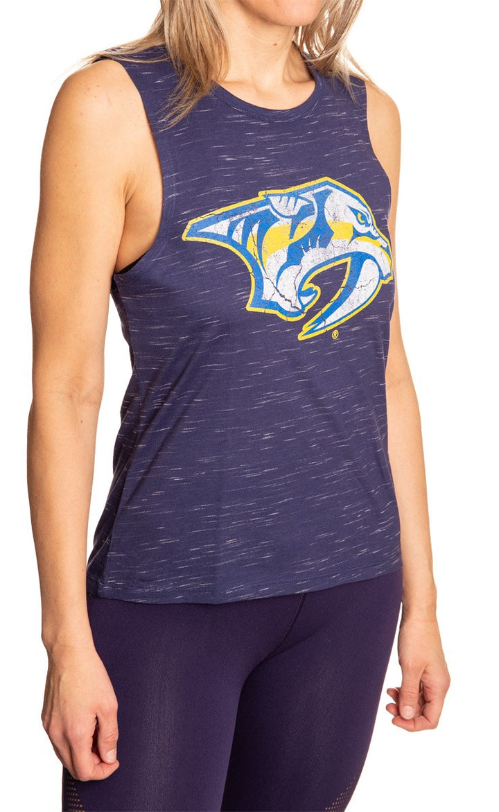 Ladies NHL Team Logo Crew Neck Space Dyed Sleeveless Tank Top Shirt- Nashville Predators Full Length Side Photo