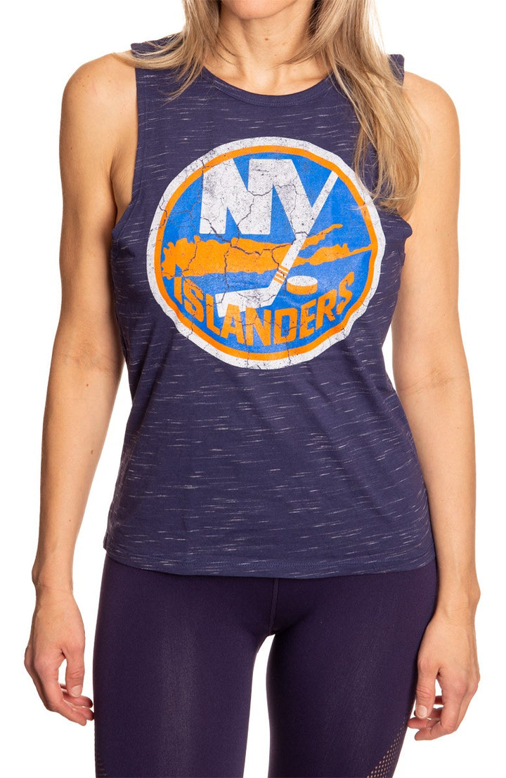 Ladies NHL Team Logo Crew Neck Space Dyed Sleeveless Tank Top Shirt- New York Islanders Full Length Front View With Logo