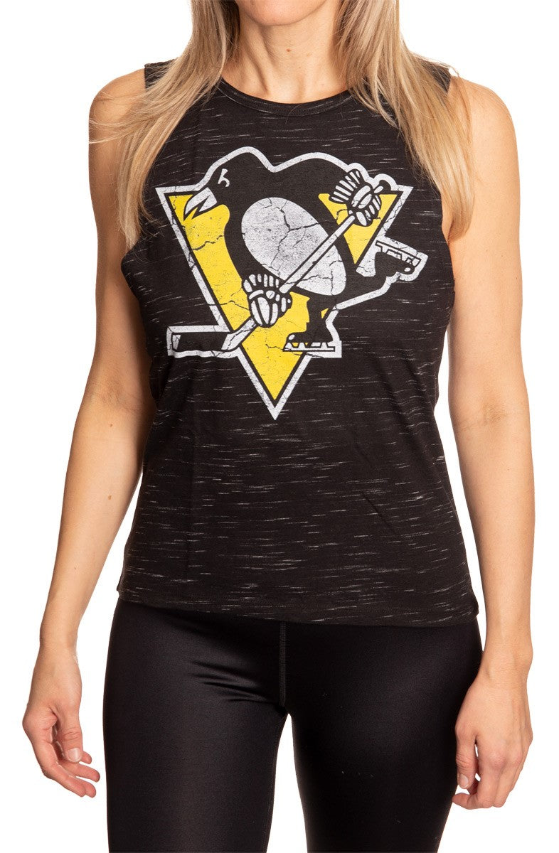 Ladies NHL Team Logo Crew Neck Space Dyed Sleeveless Tank Top Shirt- Pittsburgh Penguins Full Front View With Logo