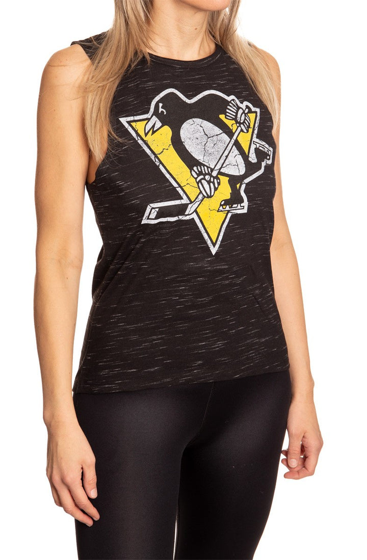 Ladies NHL Team Logo Crew Neck Space Dyed Sleeveless Tank Top Shirt- Pittsburgh Penguins Full Length Side View With Logo
