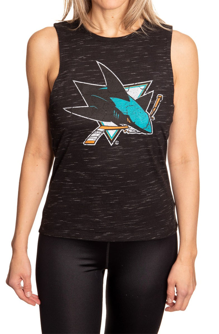 Ladies NHL Team Logo Crew Neck Space Dyed Sleeveless Tank Top Shirt- San Jose Sharks Full Length Front View With Team Logo