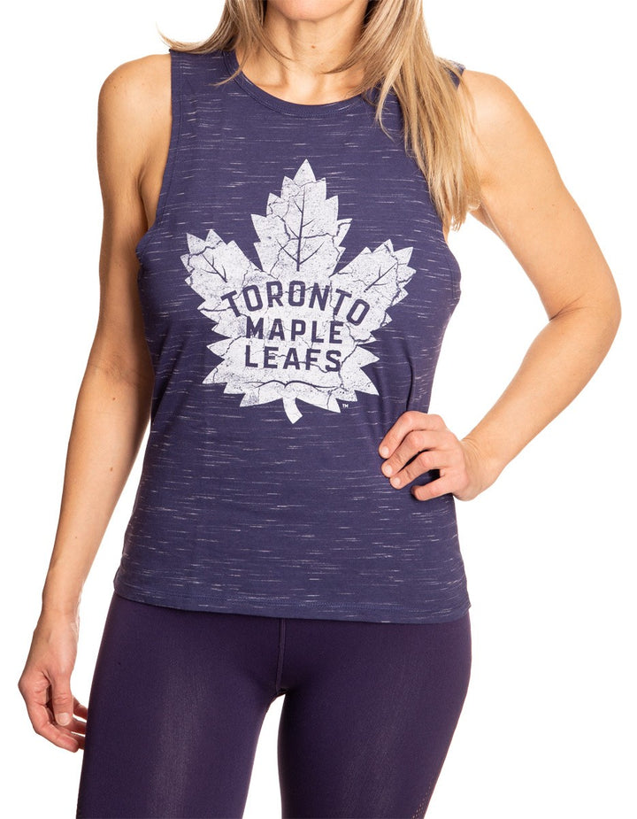 Ladies NHL Team Logo Crew Neck Space Dyed Sleeveless Tank Top Shirt- Toronto Maple Leafs Full Front View With Logo