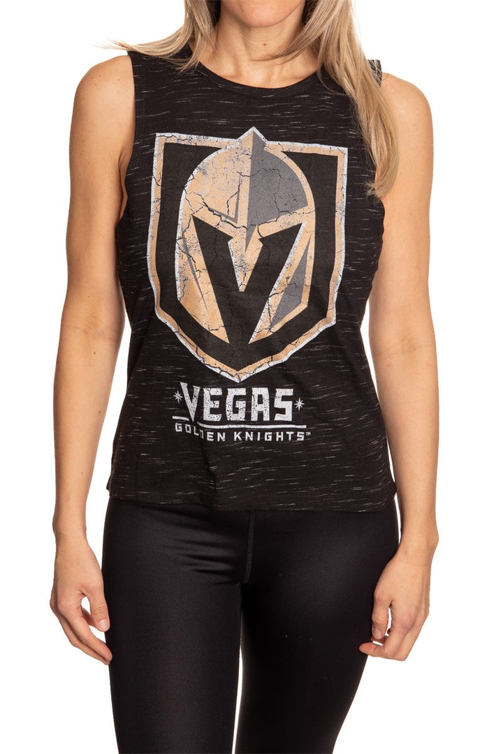 Ladies NHL Team Logo Crew Neck Space Dyed Sleeveless Tank Top Shirt- Vegas Golden Knights Full Front View With Logo