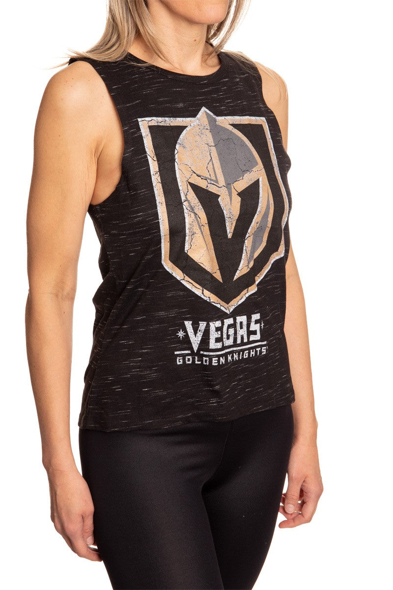 Ladies NHL Team Logo Crew Neck Space Dyed Sleeveless Tank Top Shirt- Vegas Golden Knights Full Side View Logo
