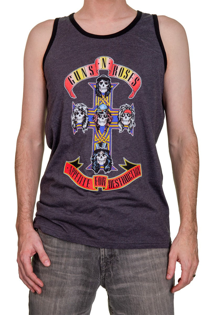 Men's Guns N Roses Appetite for Destruction Tank Top Front View Man Wearing Tank With Logo and Jeans