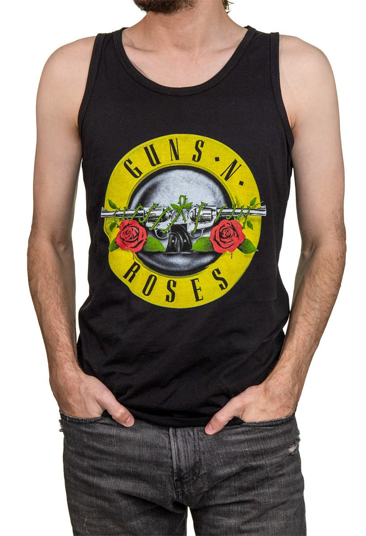 Men's Guns N Roses Bullet Logo Tank Top Front View Tank Top Man With Hand In Pockets