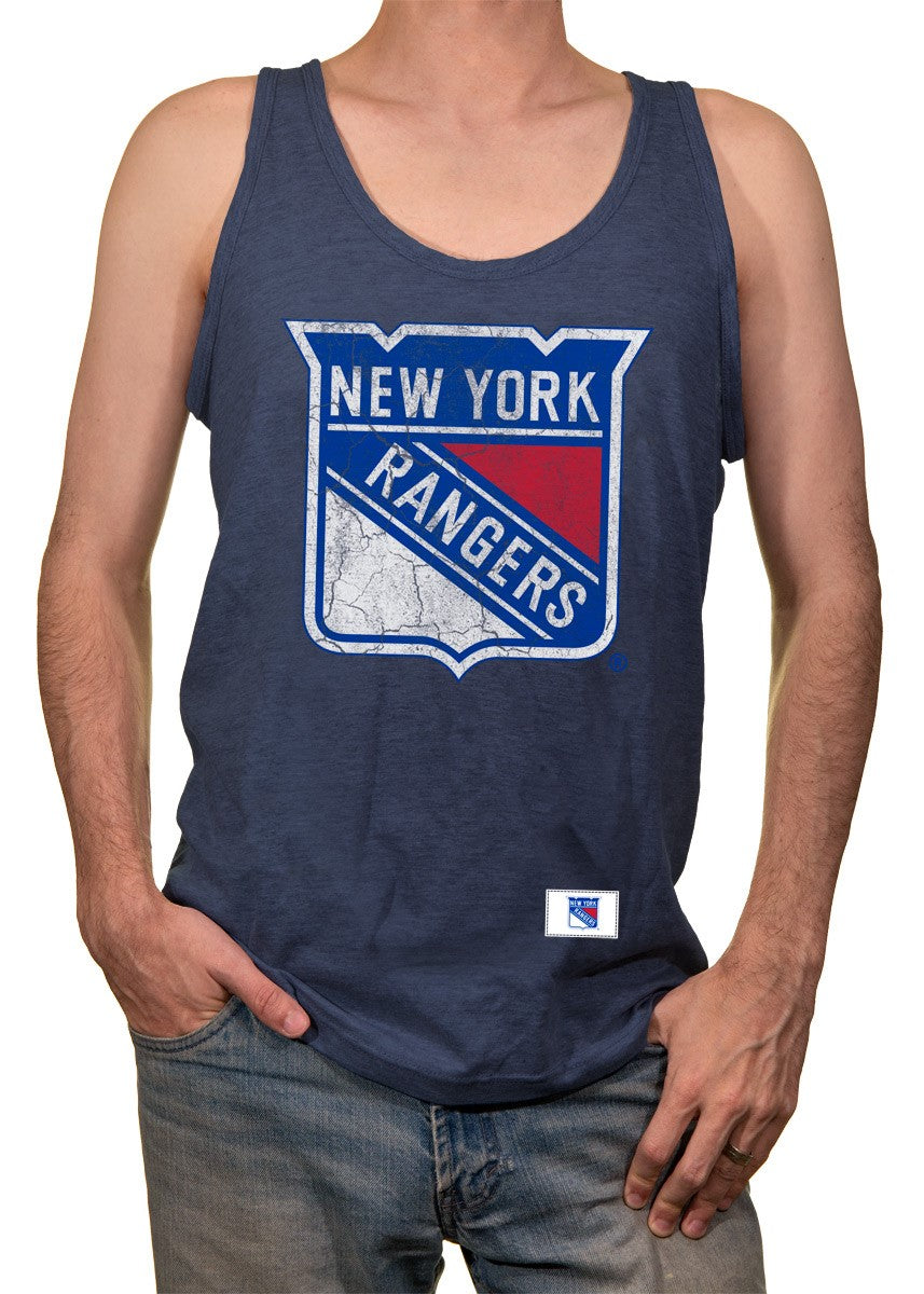 New York Rangers Logo Tank Top for Men. Distressed Team Logo on Front of Blue Shirt, Front VIew.