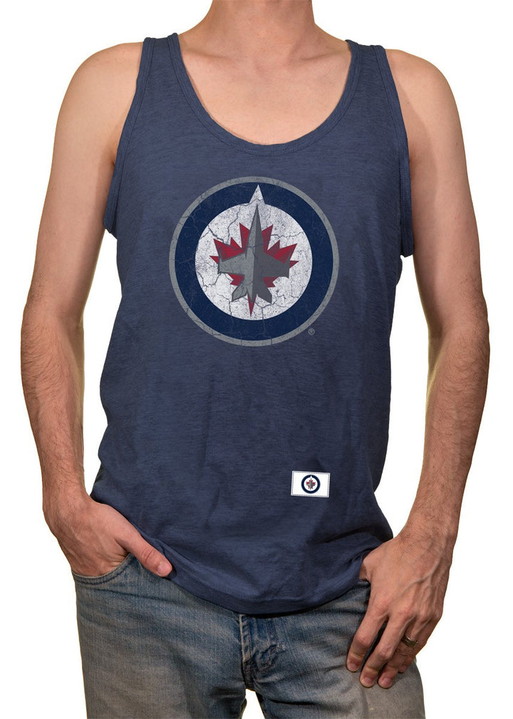 Winnipeg Jets Tank Top for Men Front View. Distressed Team Logo Printed in Middle of Chest on Blue Tanks.