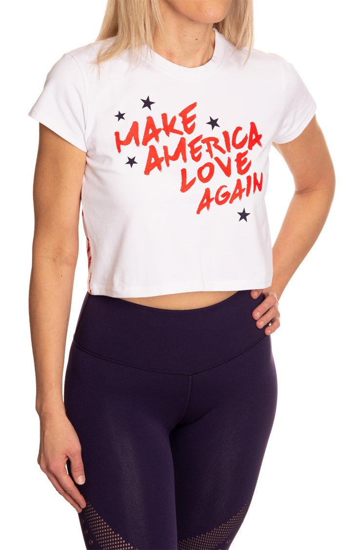 Ladies Soft Stretch Distressed American Flag Crop Top- "Make America Love Again" Full Side View 