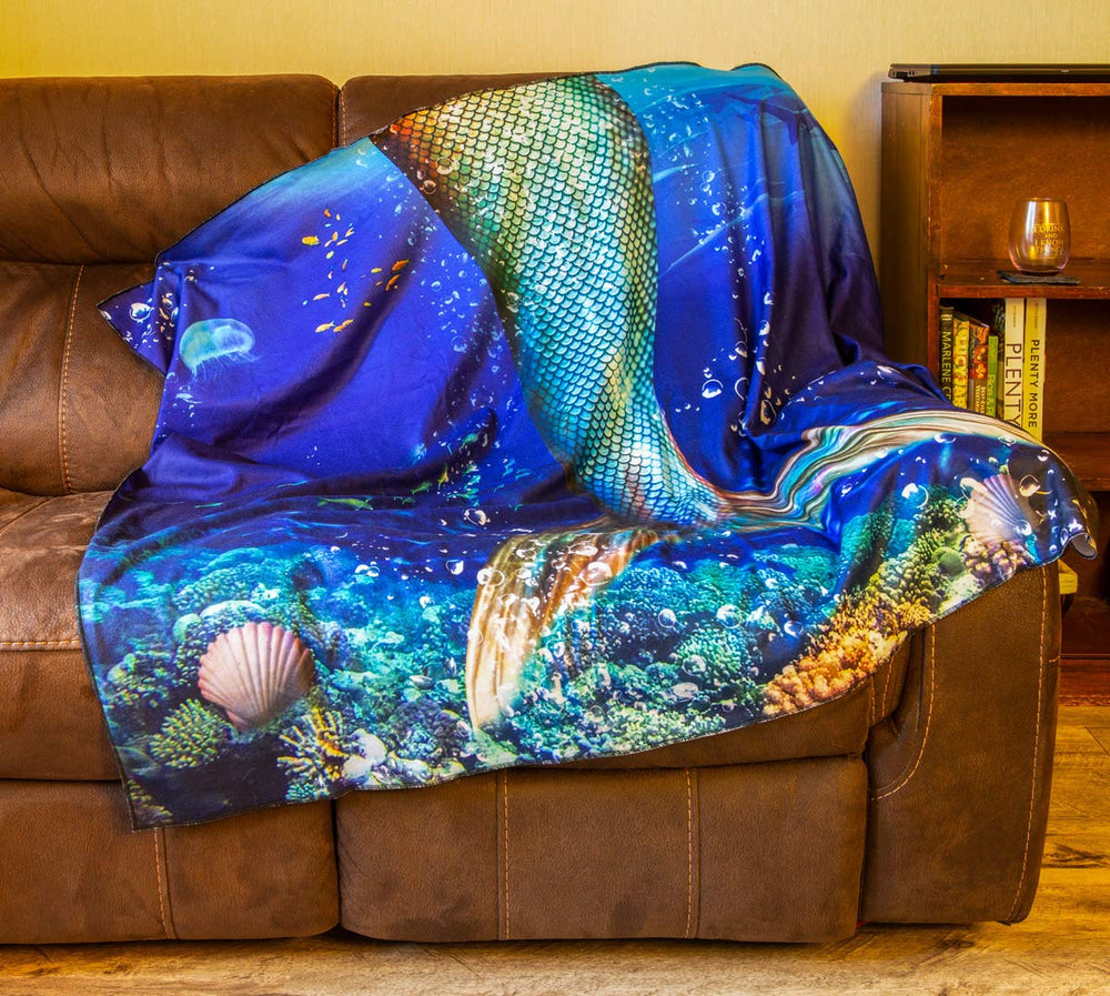 Realistic Mermaid Tail Blanket Draped Over Couch