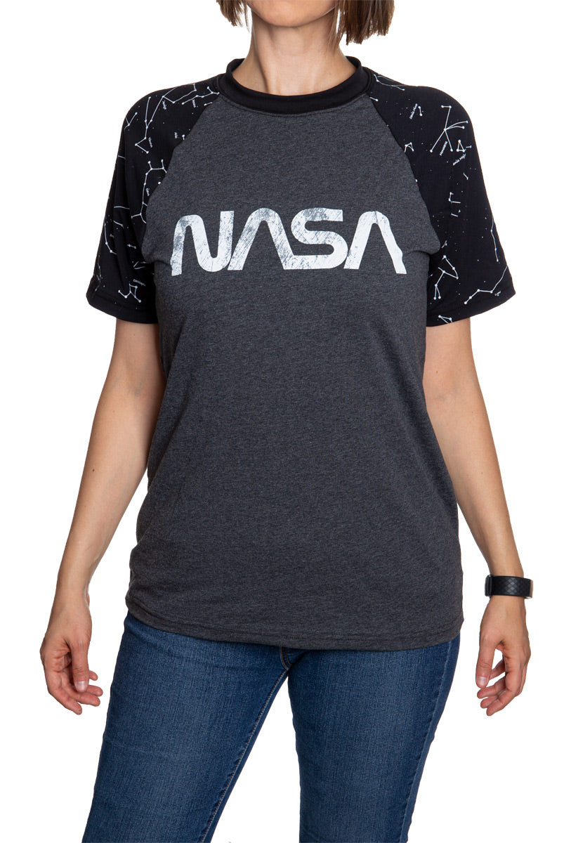 NASA Unisex's Glow in The Dark Raglan T-Shirt- Worm Logo Woman Front