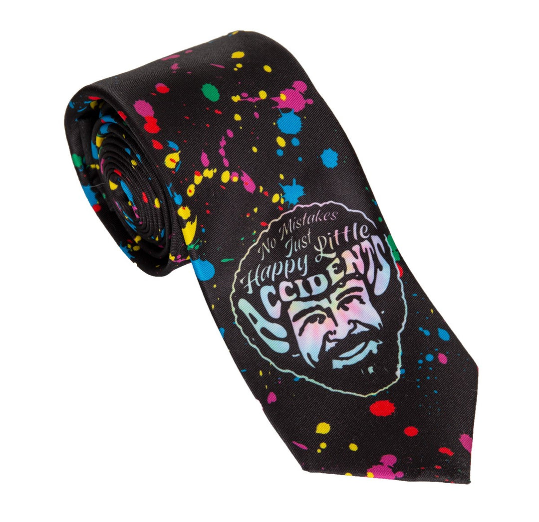 Officially Licensed Bob Ross "Splatter" Tie   Rolled Up Black Tie With Multiple Colour Paint Splatters and Happy Little Accidents Bob Ross Face