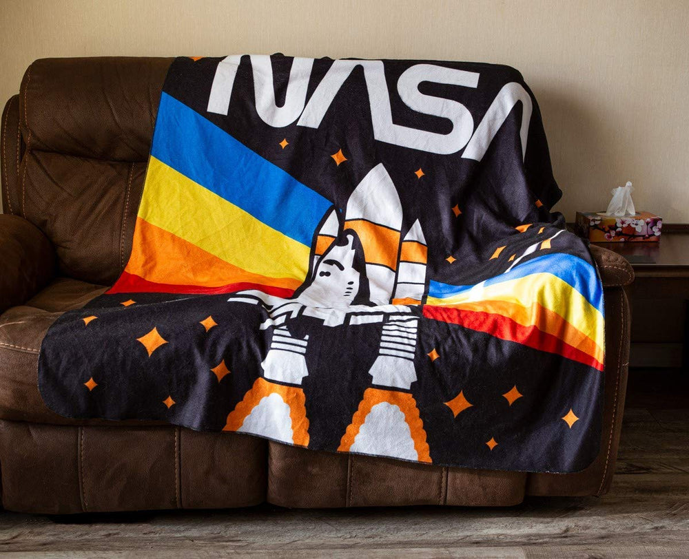 NASA Rocket Rainbow Blanket- Rainbow (Draped Over Couch)
