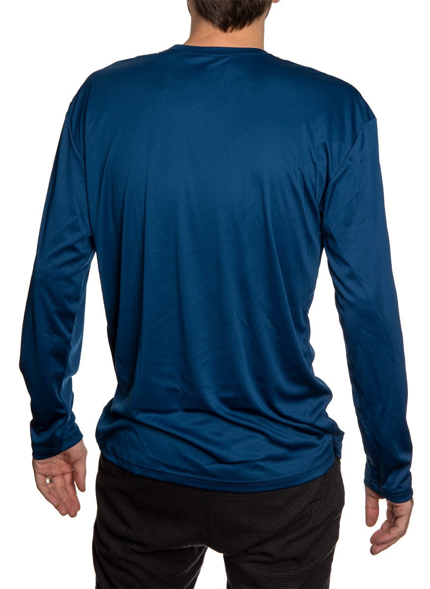 Men's Officially Licensed NHL Distressed Lines Long Sleeve Performance Rashguard Wicking Shirt- St. Louis Blues Full length Back View Photo Of Man Wearing Shirt 