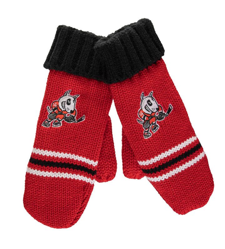 Niagara IceDogs Knit Mittens Pair. Embroidered Bones on Front, Red Mittens With Black Trim.