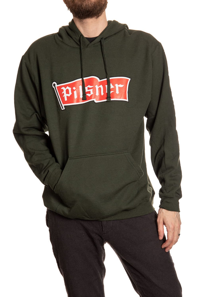 Old Style Pilsner Classic Logo Hoodie in Green. Front View.