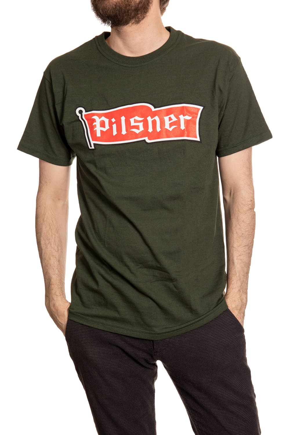 Style Pilsner Classic Logo T-Shirt on Green Shirt Front View