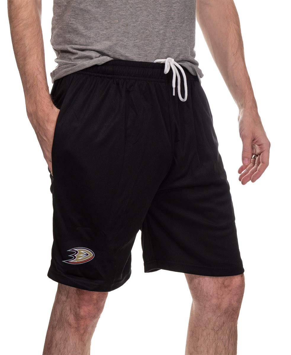 Anaheim Ducks Air Mesh Shorts in Black, Front View.