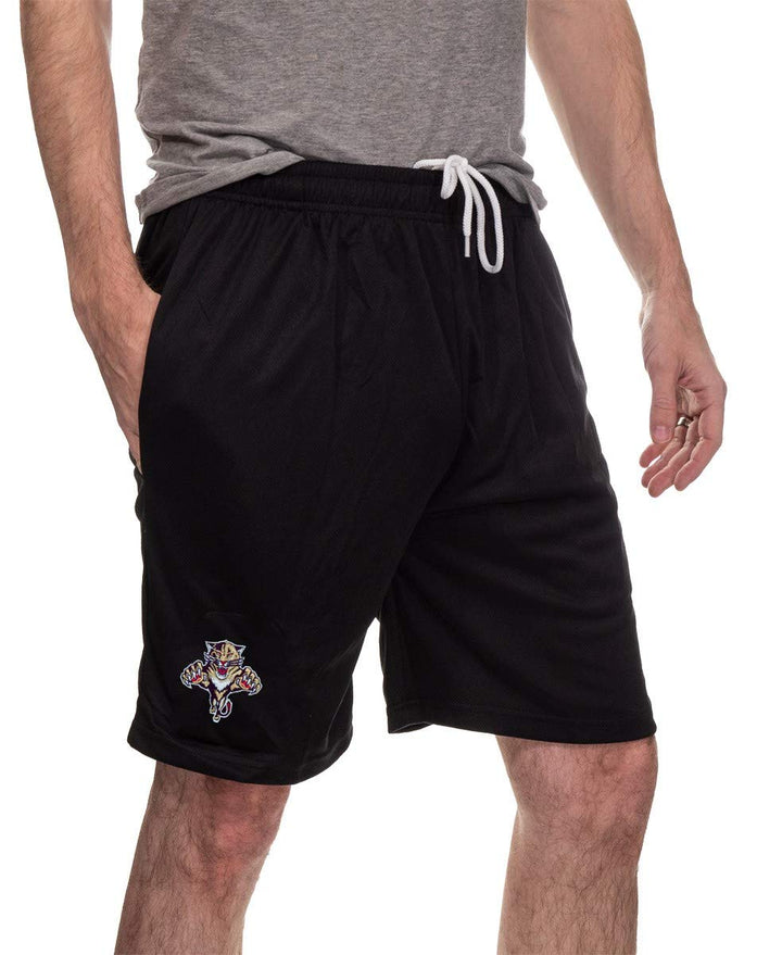 Florida Panthers Air Mesh Shorts for Men. Front View in Black, Embroidered Team Logo.