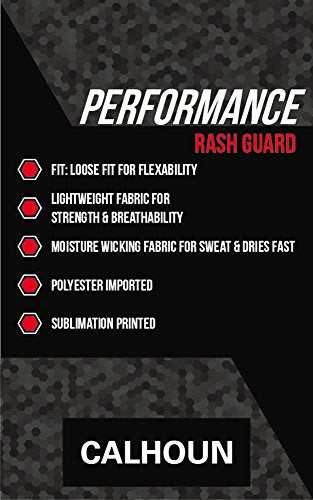 Performance Rashguard Information: Polyester Imported, loose fir for flexibility, moisture wicking fabric.