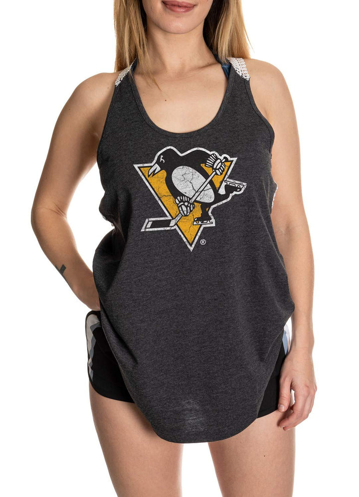 Pittsburgh Penguins Ladies Tank Top Distressed Logo On Grey Tank Top