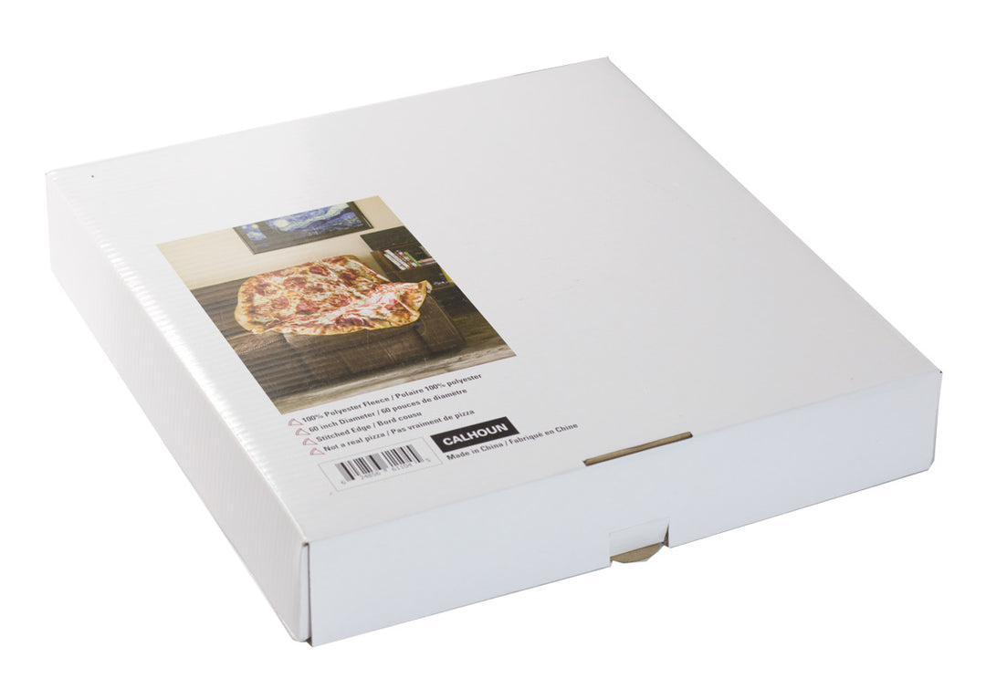back of the box the realistic 60 inch round pizza blanket comes in