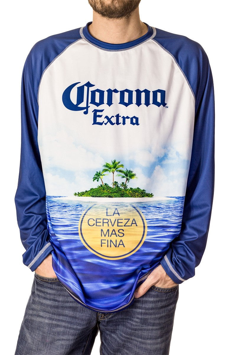Mens Corona Extra Long Sleeve Rash Guard- Summer Can Logo Man Wearing Shirt Front Logo