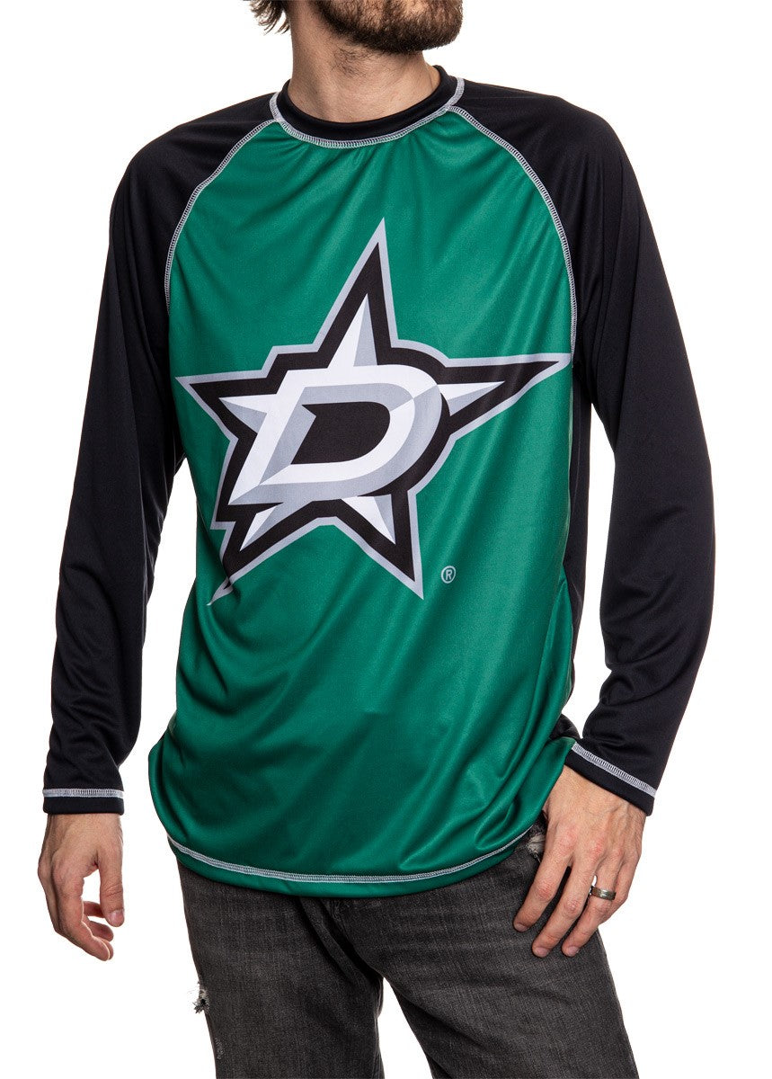 Dallas Stars Jersey Style Long Sleeve Rashguard Front View, Black and Green.