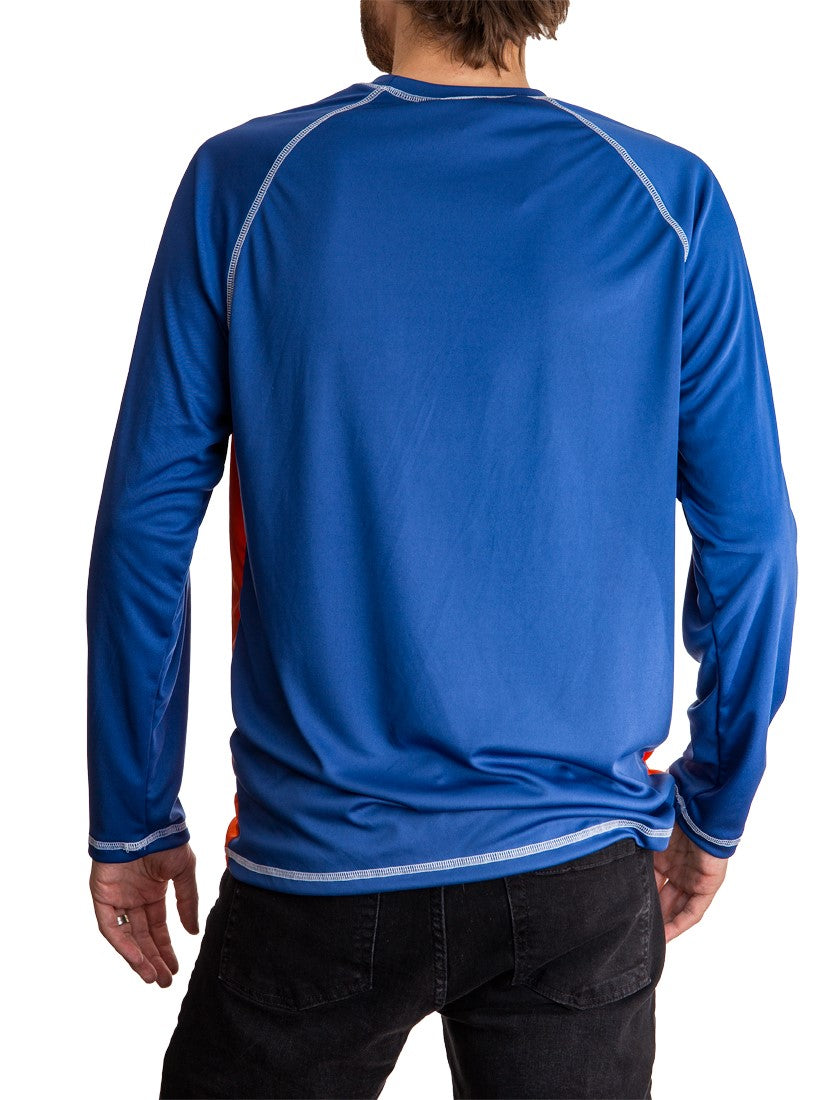 New York Islanders Jersey Style Long Sleeve Rashguard, Back View in Blue.