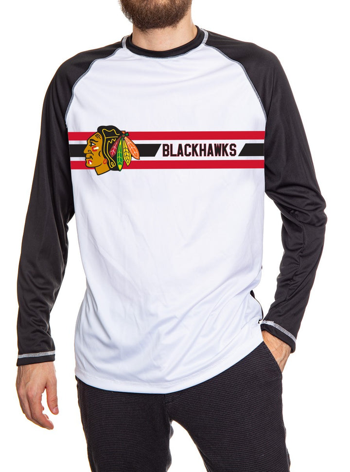Chicago Blackhawks Striped Performance Long Sleeve Rashguard. White Front and Black Back and Arms.