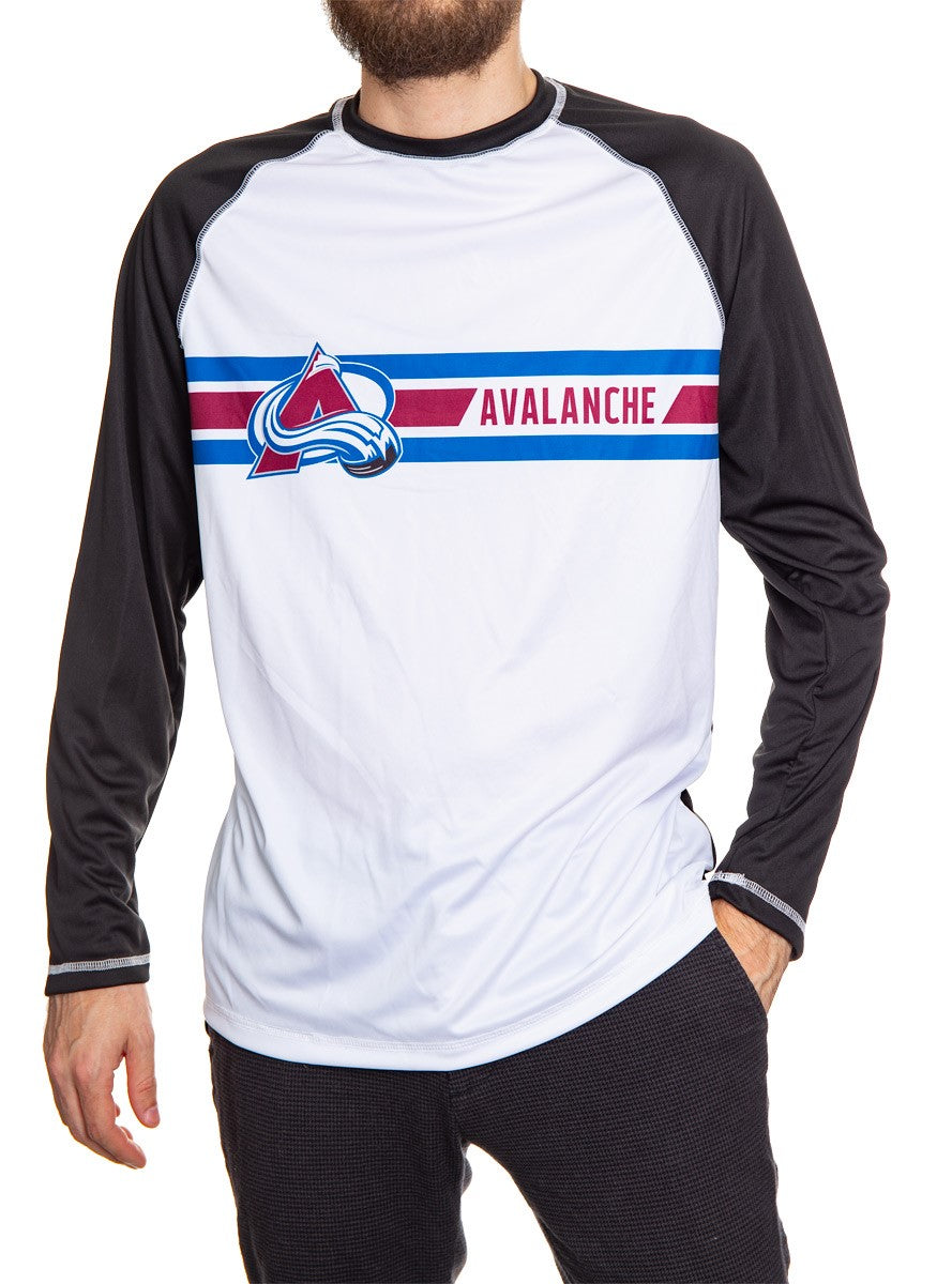 Colorado Avalanche Striped Long Sleeve Rashguard. View From Front, White Front, Black Arms and Back.