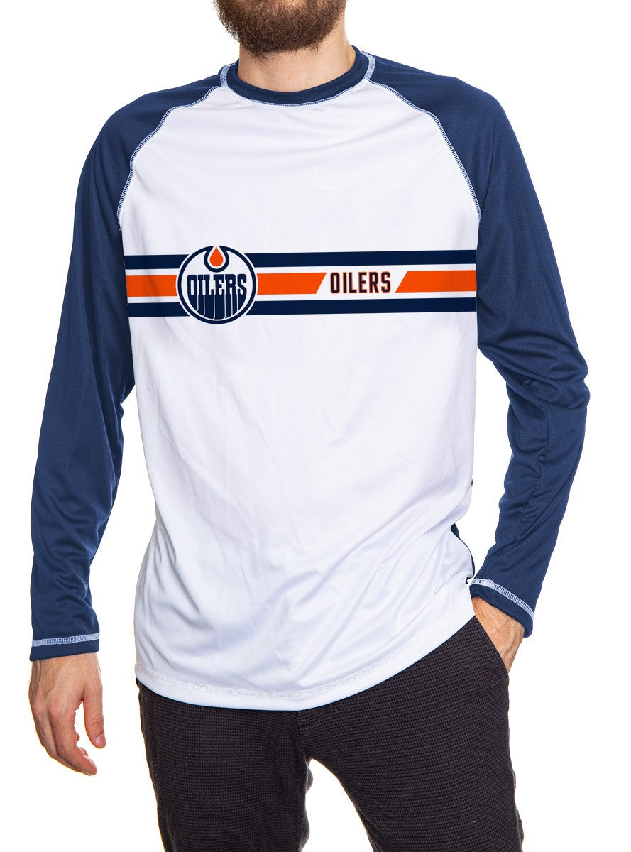 Edmonton Oilers Striped Long Sleeve Shirt Front View. White Front, Blue Arms and Back.