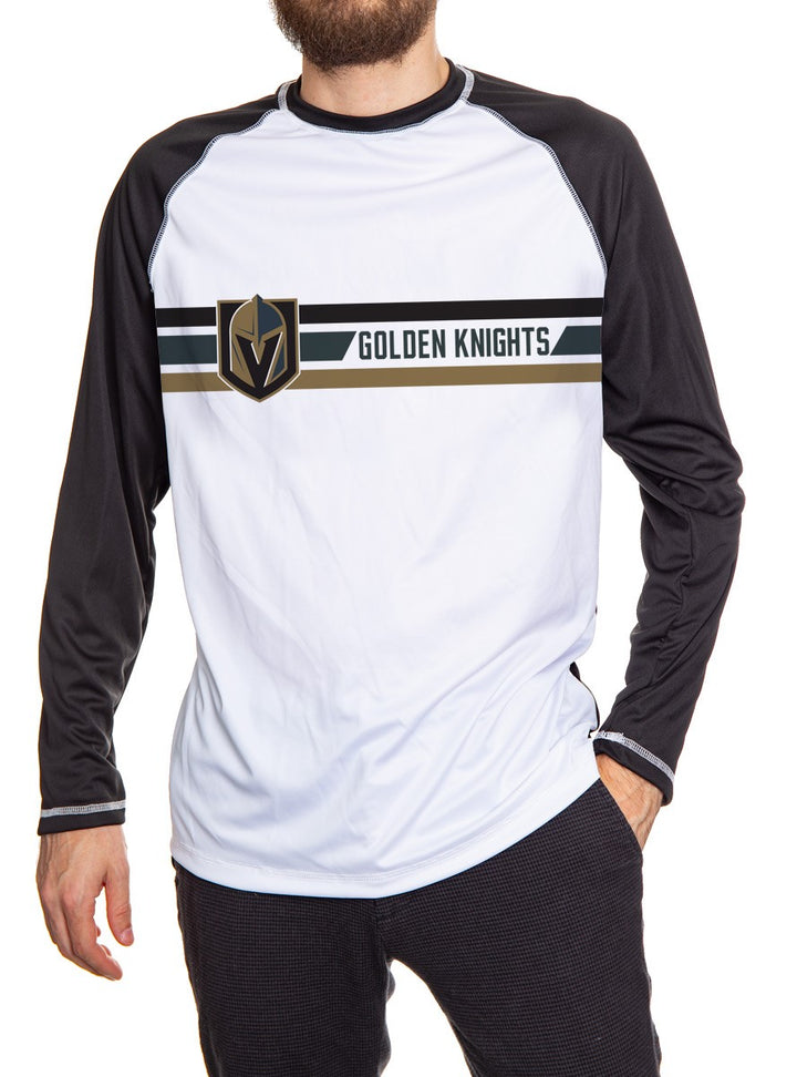 Vegas Golden Knights Striped Long Sleeve Rashguard, Front View. White Front, Black Arms Black Back. 
