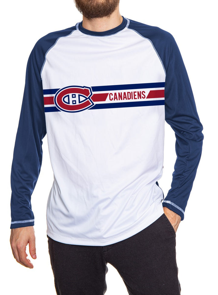 Montreal Canadiens Striped Long Sleeve Rashguard, Front View. White Front, Blue Sleeves and Back. 