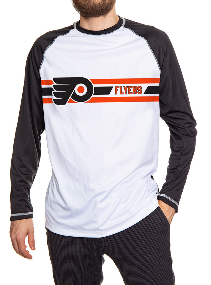 Philadelphia Flyers Striped Long Sleeve Rashguard, Front View. White Front, Black Arms and Back.