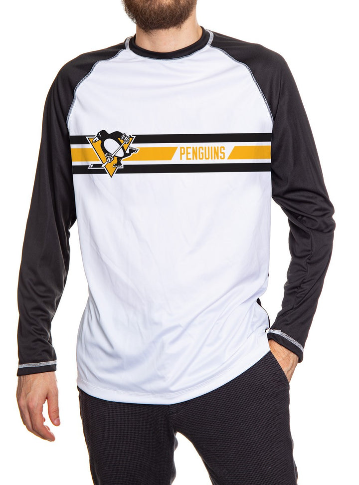 Pittsburgh Penguins Striped Long Sleeve Rashguard, Front View. White Front, Black Arms and Back.