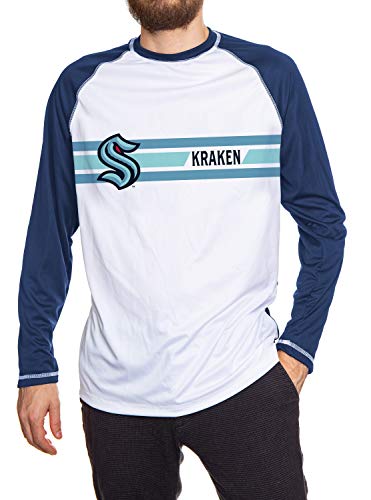 Seattle Kraken Striped Long Sleeve Rashguard Front View. White Front, Blue Arms and Back.