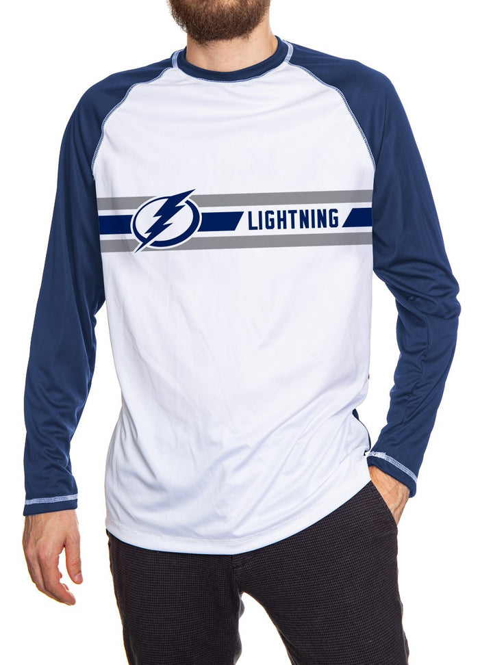 Tampa Bay Lightning Striped Long Sleeve Rashguard, Front View. White Front, Blue Arms and Back.