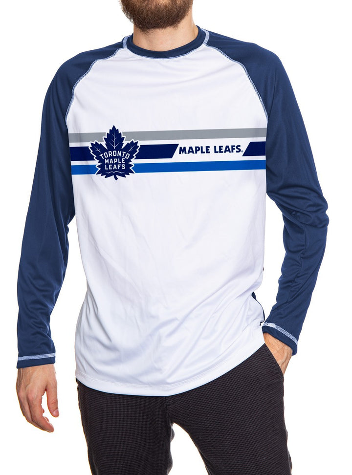 Toronto Maple Leafs Striped Long Sleeve Rashguard Front View. White Front, Blue Arms and Back.