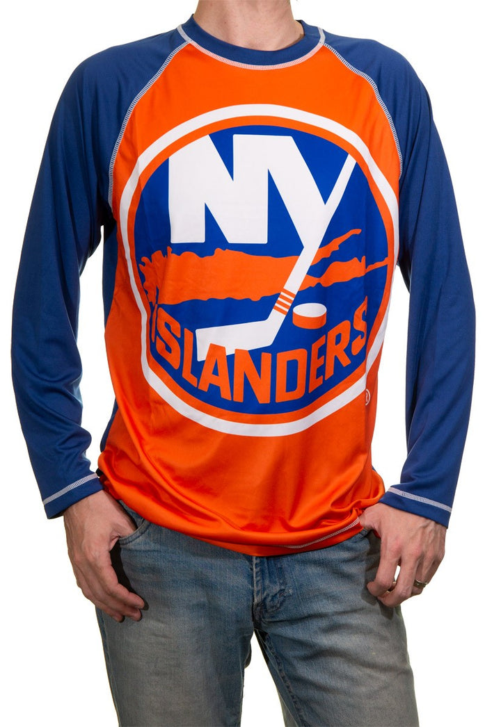 New York Islanders Jersey Style Long Sleeve Rashguard, Front View. Orange and Blue Design.