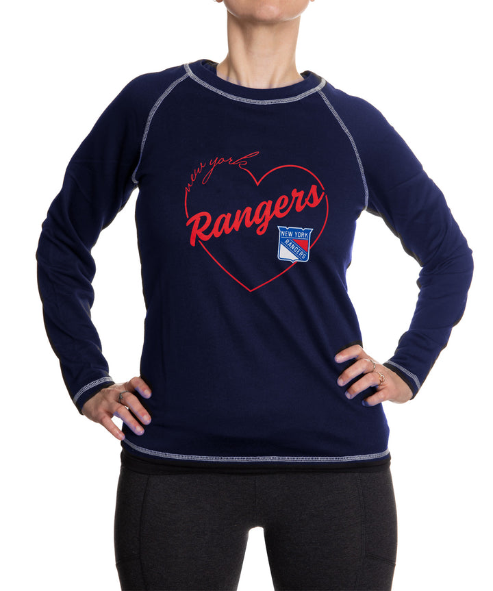 New York Rangers Heart Logo Long Sleeve Shirt for Women in Blue Front View
