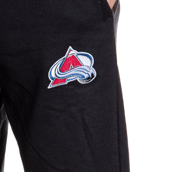 Colorado Avalanche Premium Fleece Sweatpants Embroidered Logo Close-Up.