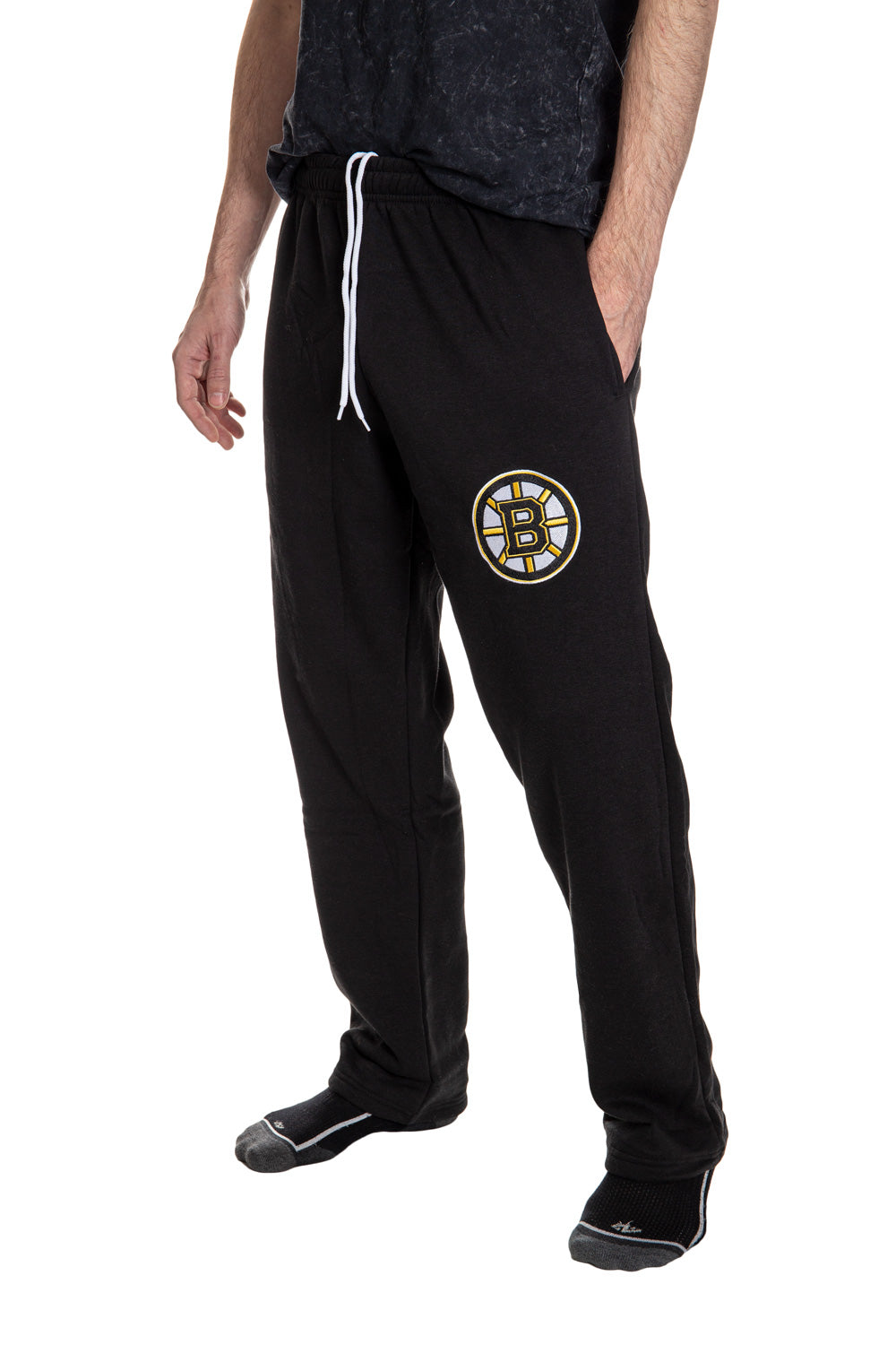 Boston Bruins Premium Fleece Sweatpants Side View of Boston Logo. 