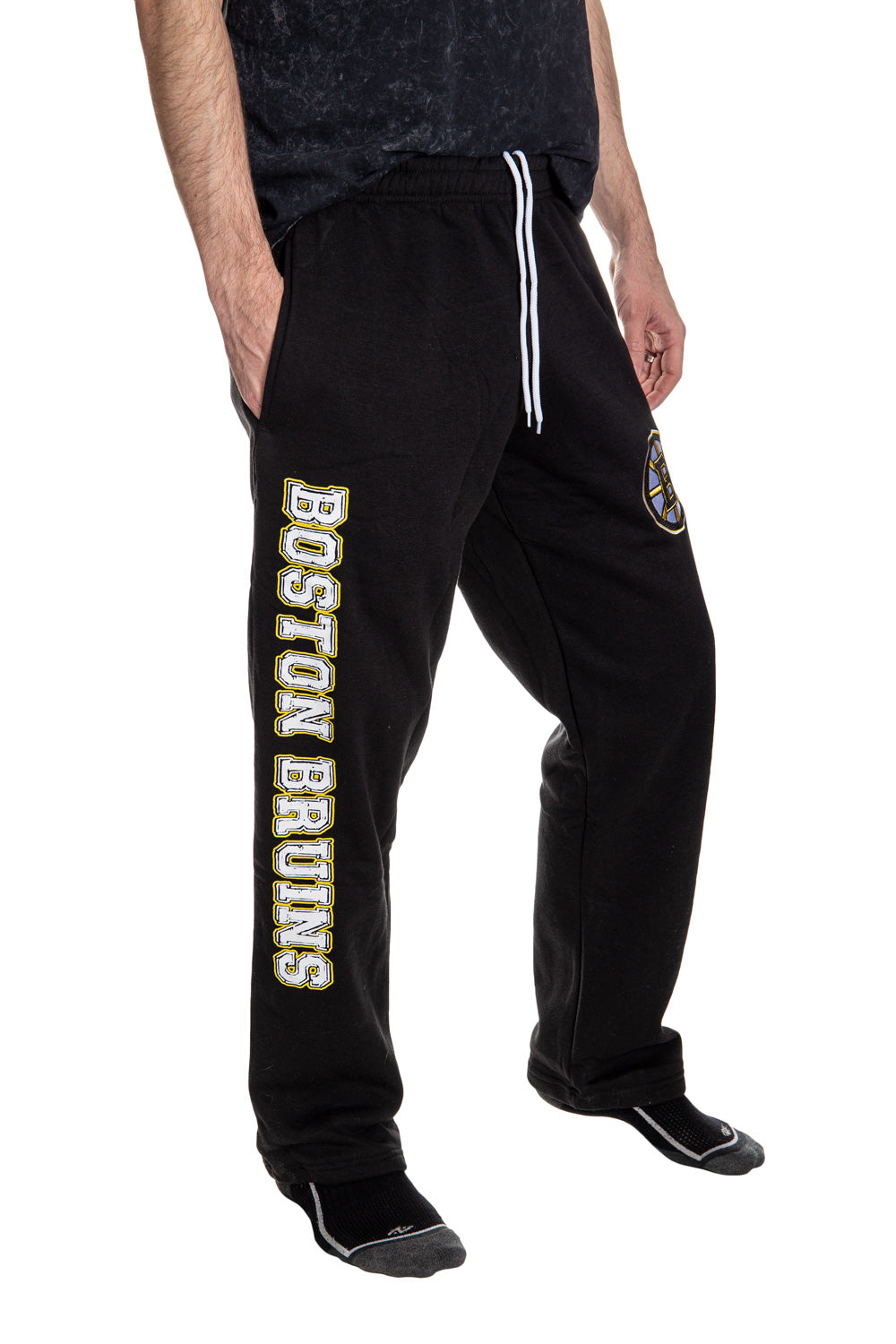 Boston Bruins Premium Fleece Sweatpants Side View, Boston Bruins Written Down Leg.