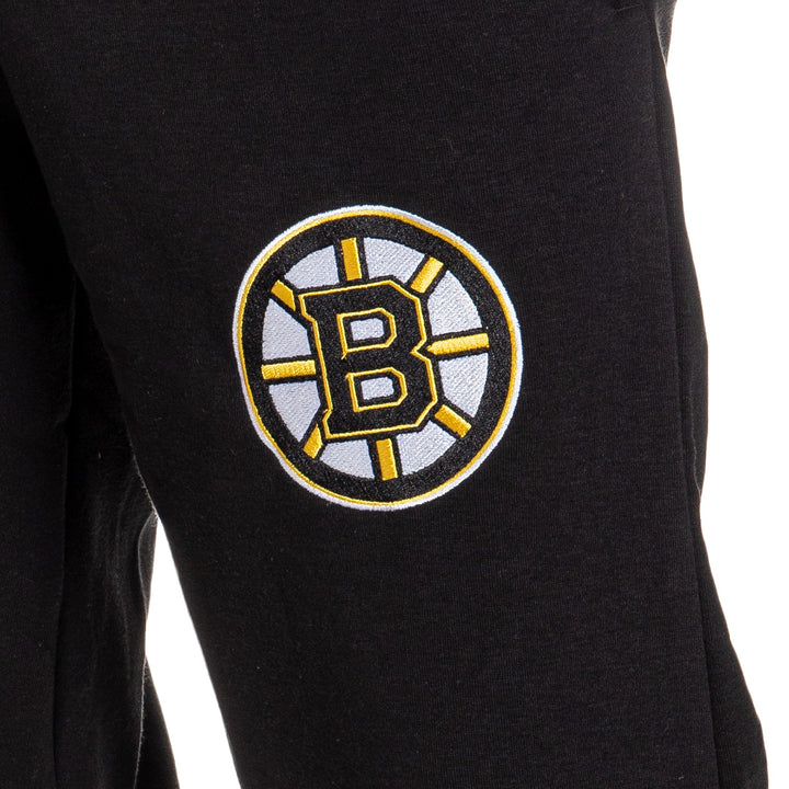 Boston Bruins Premium Fleece Sweatpants Embroidered Logo Close-Up.